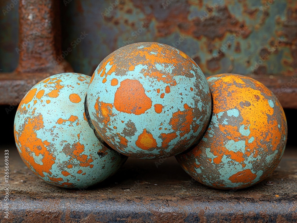Poster Three spherical objects with a textured, colorful surface resting on a rusted background.