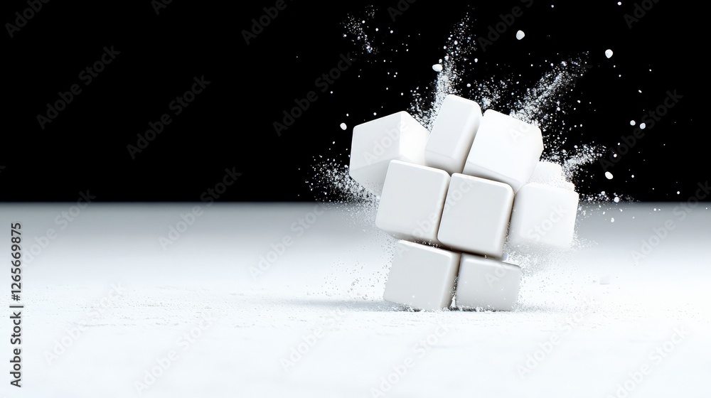 Poster dynamic unfolding scene of modern white cube in creative explosion