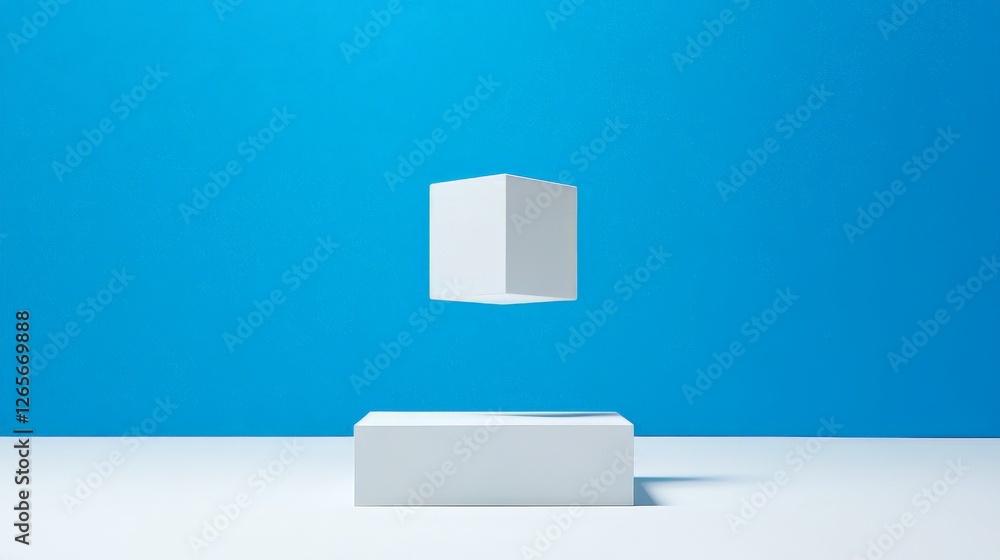 Poster dynamic scene with floating white cube against bright blue background