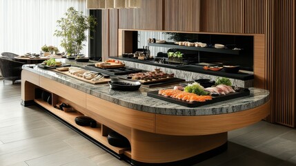 Restaurant buffet showcasing assortment of appetizers sushi and prepared dishes