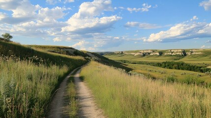 Fototapeta premium A scenic dirt trail leading through lush, grassy hills, surrounded by breathtaking nature and open skies.