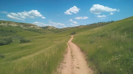 A scenic dirt trail leading through lush, grassy hills, surrounded by breathtaking nature and open skies.
