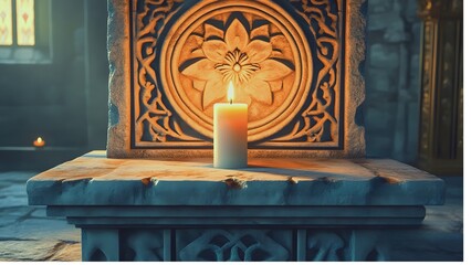 Candlelight illuminating intricately carved altar, representing serenity and spirituality in a peaceful setting