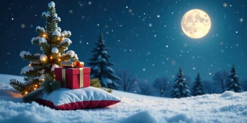 Obraz premium A Festive Gift Nestled Beside a Snow-Dusted Christmas Tree Underneath a Winter Night Sky