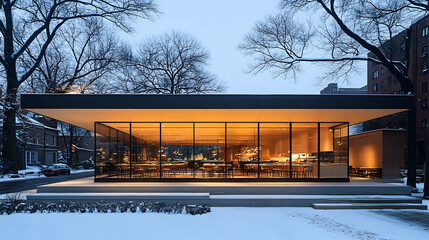 Modern glass pavilion cafe, winter evening, snow, city background; restaurant interior design