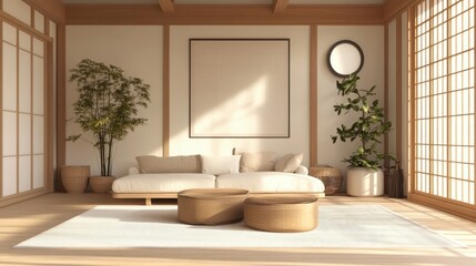 A bright living room showcases japanese style design elements