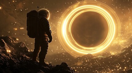 Naklejka premium A silhouetted astronaut on a rocky surface, admiring a massive planet ringed with light in deep space.