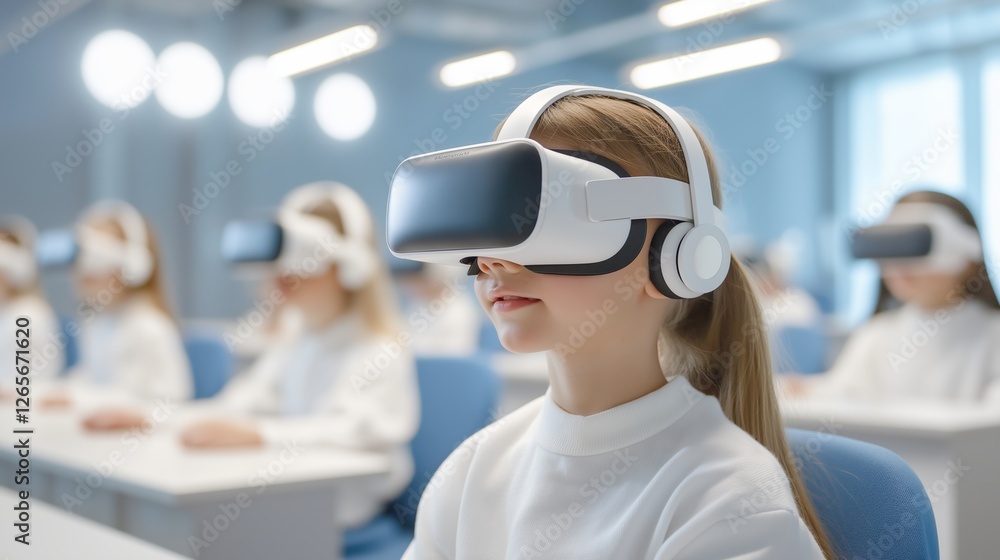 Poster students engage in virtual reality learning in a modern classroom setting