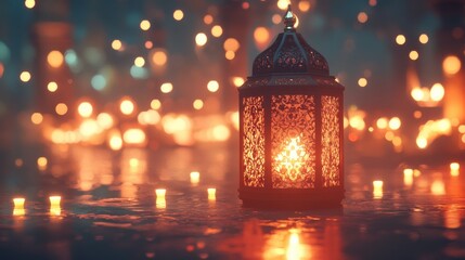 Elegant Lantern with Warm Glow Surrounded by Soft Candlelight