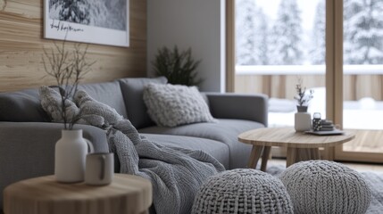 Bright interior living space decorated with pillows and blanket