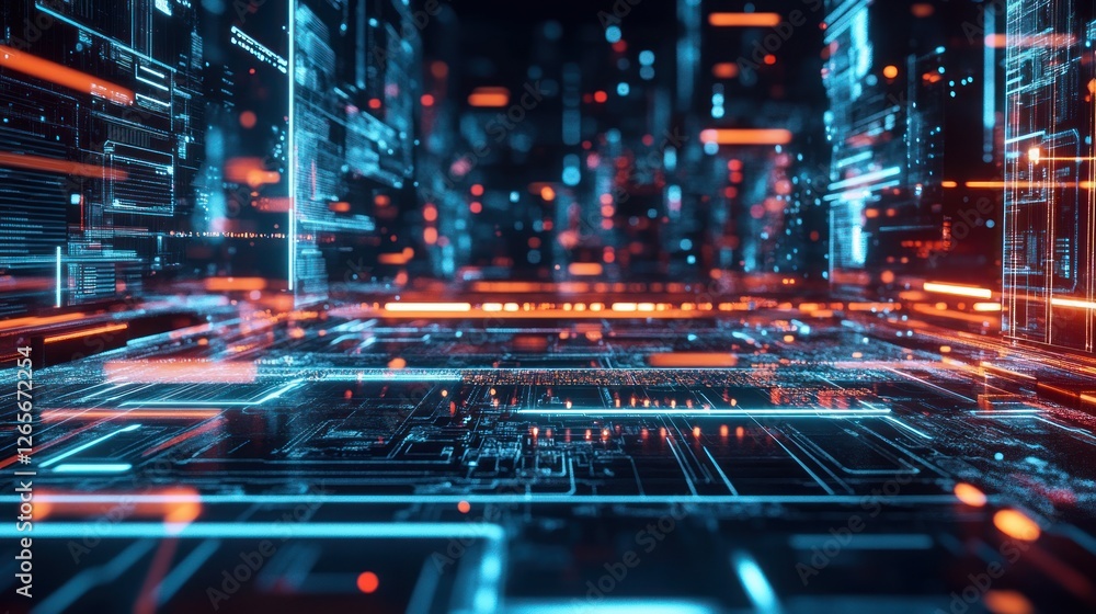 Poster futuristic technology landscape with glowing circuits and data streams