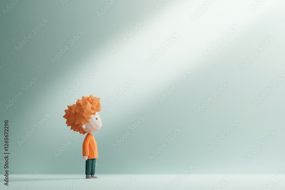 Poster stylized 3d-rendered game character low-poly aesthetic standing in blank space with ambient light co