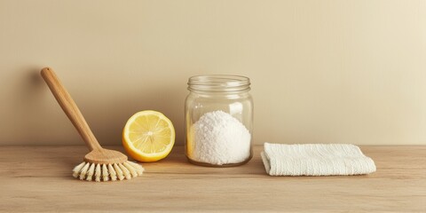 Non-Toxic Home Cleaning Concept with Natural Ingredients. Natural cleaning supplies with lemon, salt, and a brush on a wooden surface