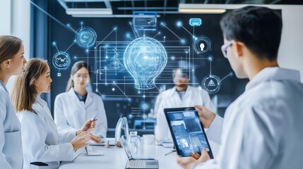 Medical professionals discuss innovative healthcare solutions with digital technology in lab