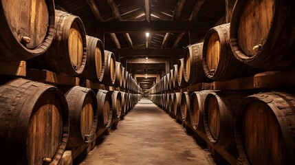 Wooden barrels lined up in a rustic wine cellar with dim lighting