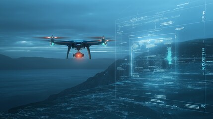 High-tech drone surveying a coastal landscape at dusk with digital overlay