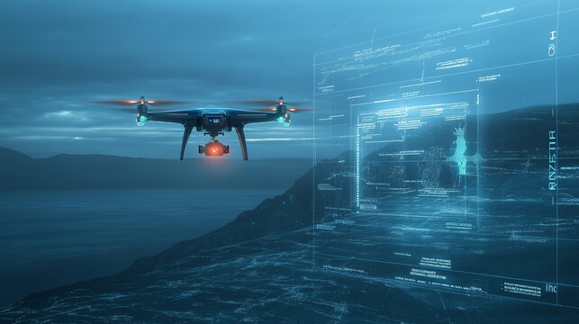 High-tech drone surveying a coastal landscape at dusk with digital overlay