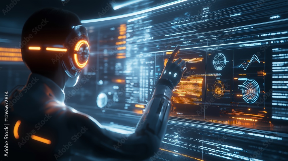Poster futuristic robot interacting with holographic data display in a high-tech environment