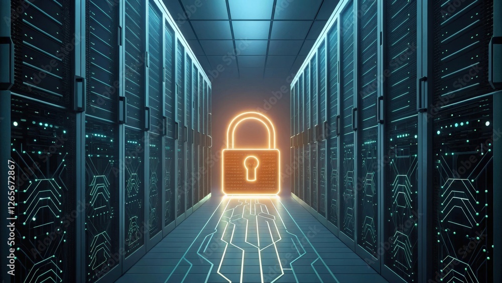 Poster a glowing padlock icon in the middle of a server room. the padlock symbolizes data security and priv