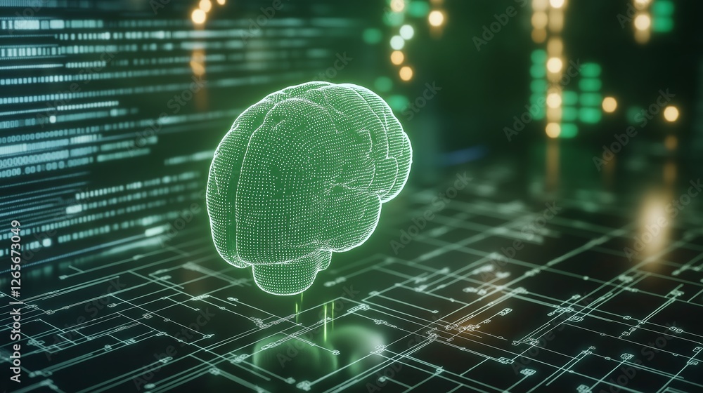 Poster digital representation of a neural network brain on a futuristic platform