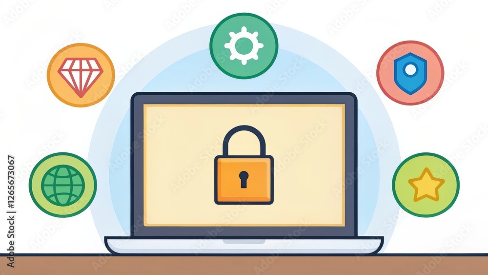 Poster laptop with security lock and surrounding icons representing data protection and online security.