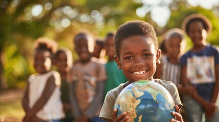 Naklejka premium A Smiling Young Boy Holds a Globe, Surrounded by Friends