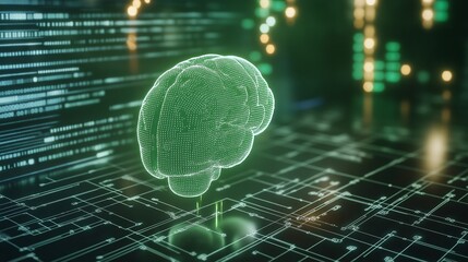 Digital representation of a neural network brain on a futuristic platform