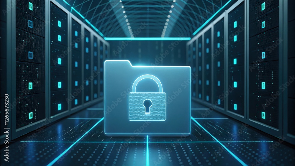 Aufkleber a digital lock icon in front of a server room with glowing blue lines and lights, representing data 