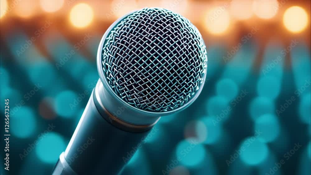 Poster a close-up of a microphone with a blurred colorful background.