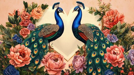 A stunning romantic illustration featuring two elegant peacocks framed by vibrant flowers forming a heart.