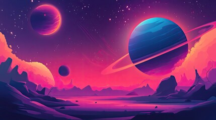 A stunning space illustration featuring planets with glowing rings, distant stars, and cosmic dust.