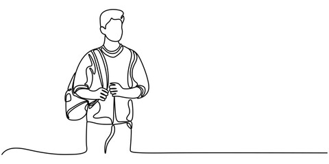 college campus student man with bag backpack continuous one line drawing, Transient Chalkboard, Student, outline pro vector illustration on white background.