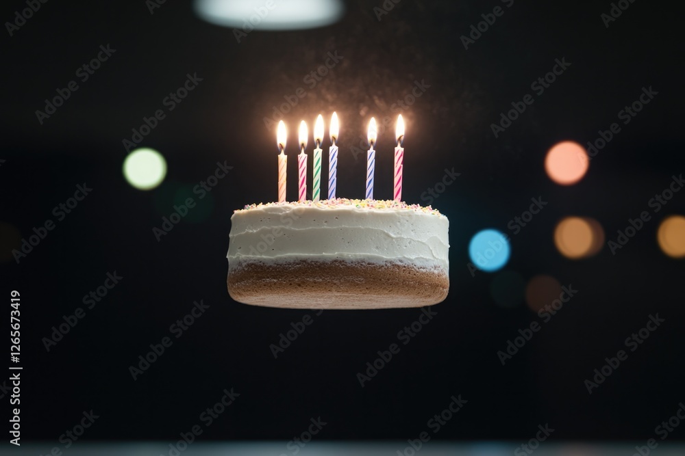 Poster surreal floating birthday cake with lit candles hovering above shimmering reflective surface under c