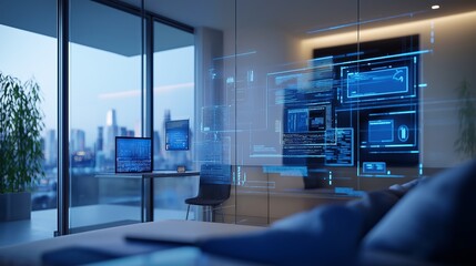 Modern workspace with digital interfaces overlooking a city skyline during twilight