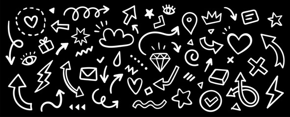 Vector cartoon abstract illustration of set of simple different white line shape chalk brush arrow. Flat sketch hand drawn doodle style design of collection of various marker element and icon
