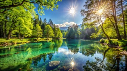 Obraz premium Crystal-Clear Spring Water in a Small Lake, Idyllic Nature Scene, Refreshing Mountain Lake