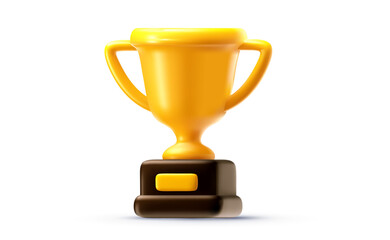 Vector realistic illustration of trophy cup icon, win reward on white background. 3d cartoon style design of golden champion winner cup. Winner prize, sport success award