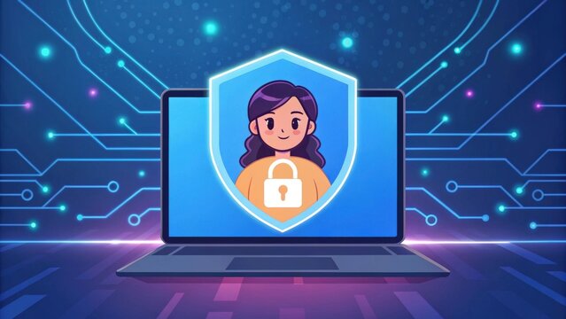 an illustration of a laptop screen with a woman's face protected by a shield and a padlock, symbolizing online privacy and security.