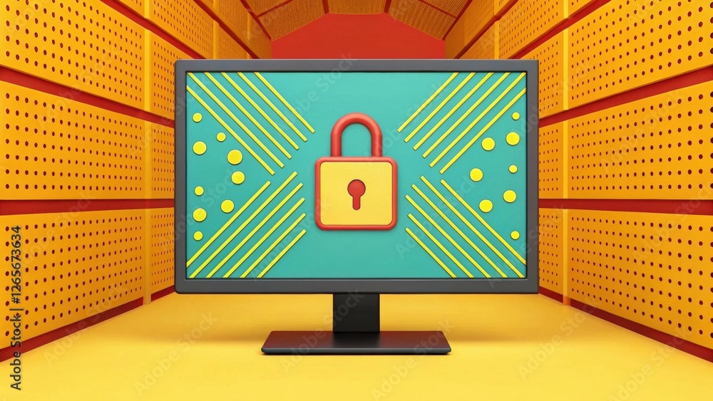 Poster a computer monitor with a padlock icon on the screen, symbolizing digital security. the monitor is s
