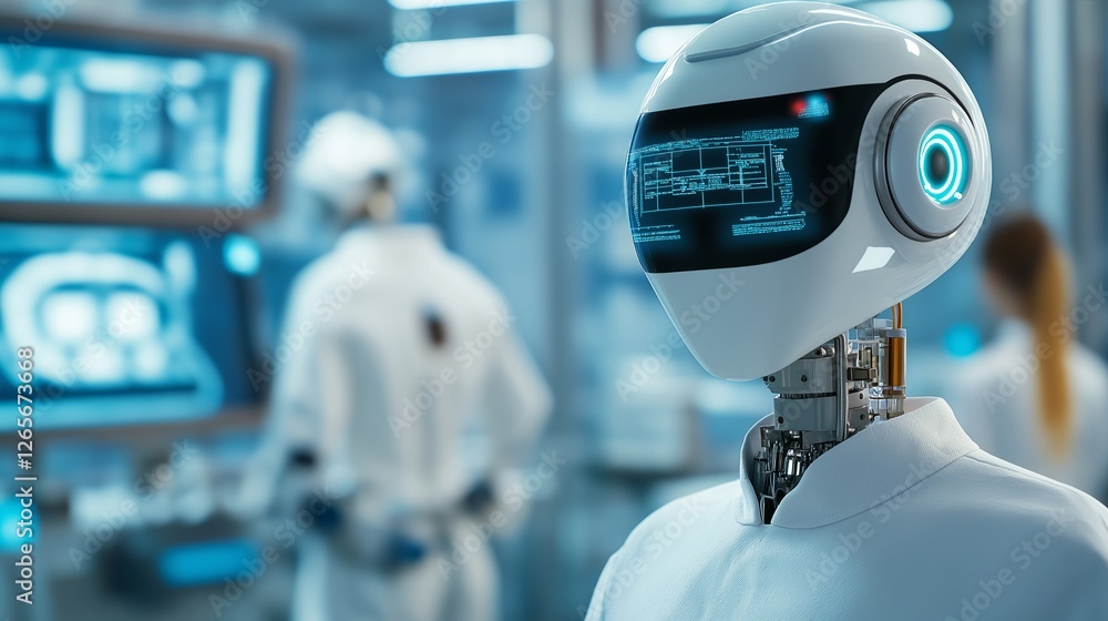 Poster advanced humanoid robot in a high-tech laboratory setting during daytime