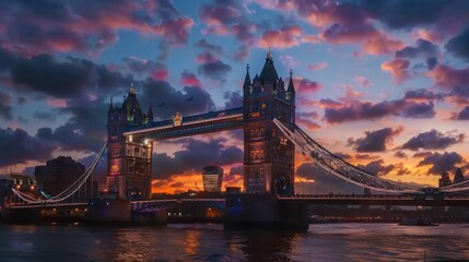 Tower Bridge at Sunset: London's Iconic Landmark in Golden Hues