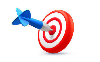 Vector realistic illustration of red color goal accurate target with arrow. 3d cartoon style design of business dart target icon with big blue arrow. Success finance marketing strategy