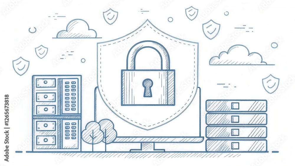 Poster data security concept illustration, a padlock secured by a shield displayed on a computer screen, sy