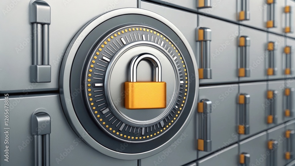 Poster a gold padlock on a round metallic vault door with a dial. the vault door is closed and the padlock 