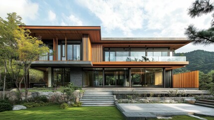 Obraz premium Contemporary multi level home featuring modern design with lush greenery