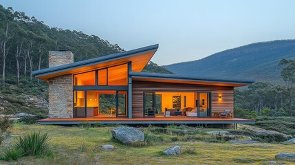 Mountain Cabin Evening Exterior, modern design, nestled in valley