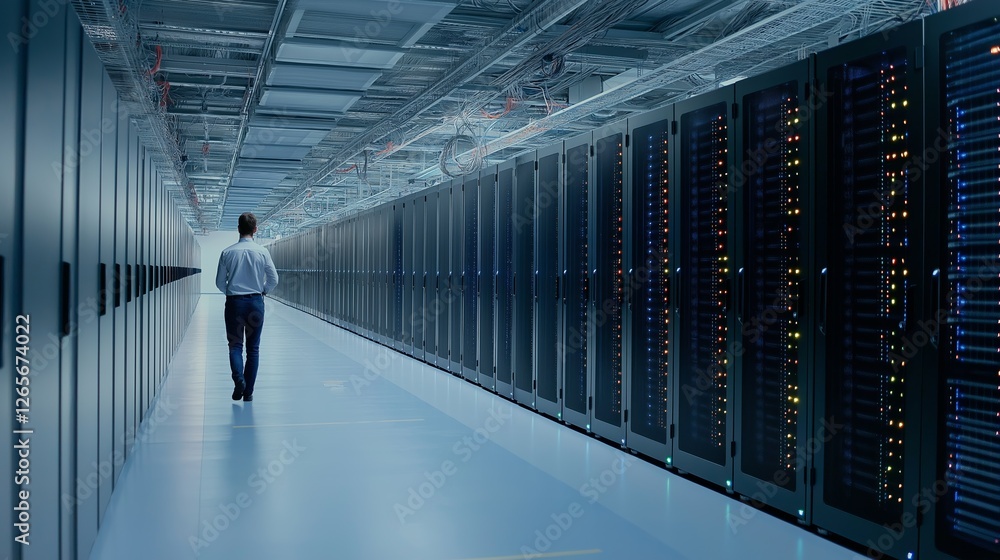 Poster walking through a modern data center filled with server racks and advanced technology