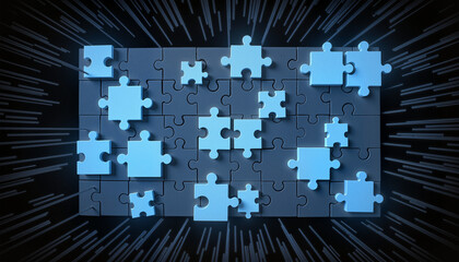 Fototapeta premium Futuristic puzzle grid loading in digital environment, cognitive challenge