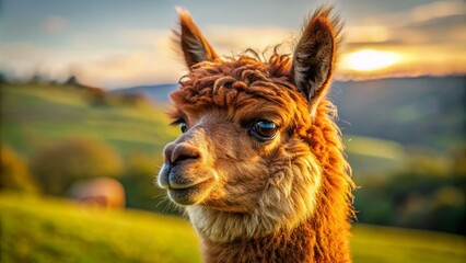 Obraz premium Curious Brown Alpaca Overlooking Scenic Landscape - Farm Animal Stock Photo