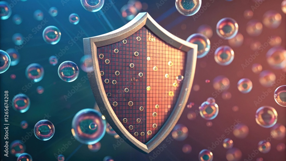 Poster cybersecurity shield with particles floating around